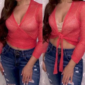 Rafaella coral crochet mesh knit tie cropped short sleeve boho crop top XS S M